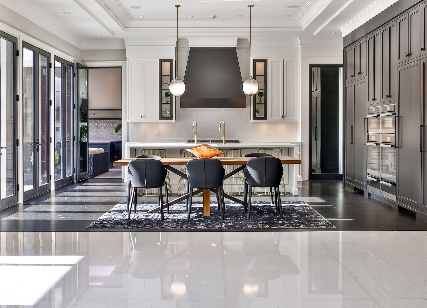 Kitchen and dining room: white cabinets either side of a dark range hood, two glass pendants, a long island with twin brass taps, a charcoal cabinet wall on the right and a polished white stone floor.